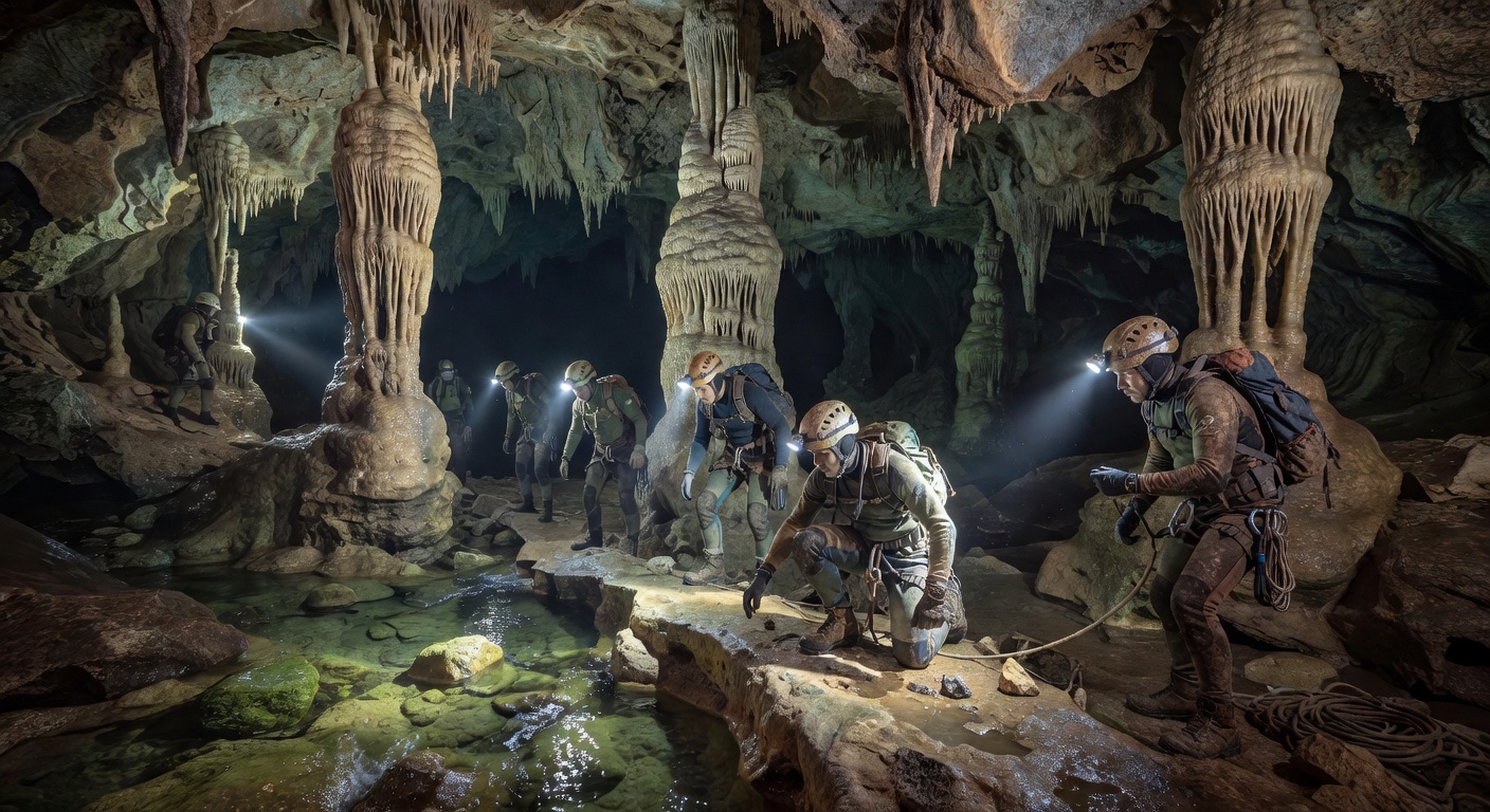 Cave exploration with stunning stalactites