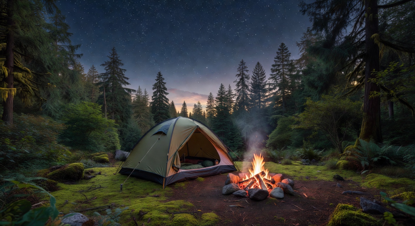 Forest camping at dusk