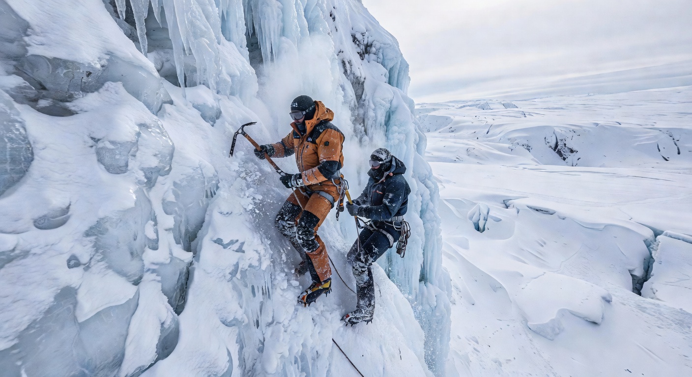 Ice climbing on glacier wall
