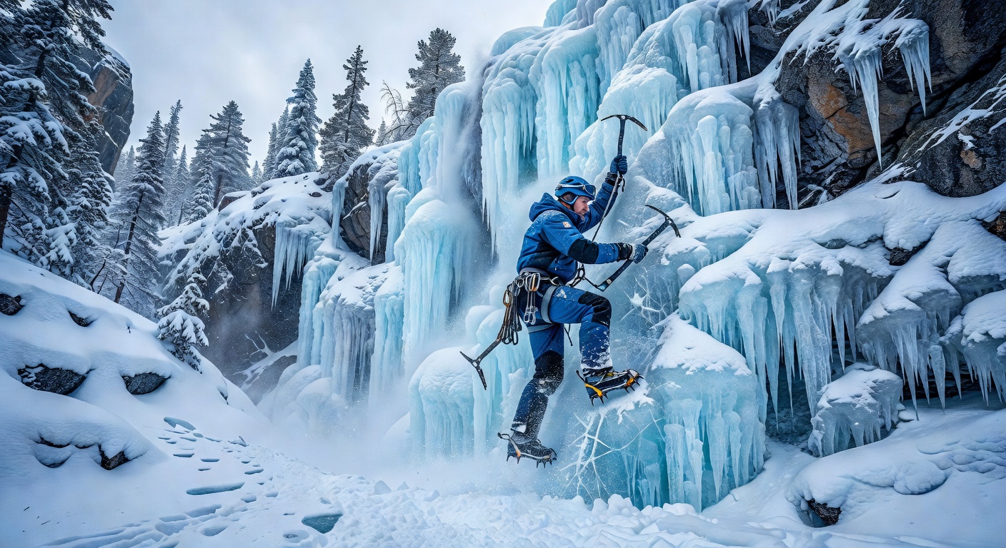 Ice climbing frozen waterfall