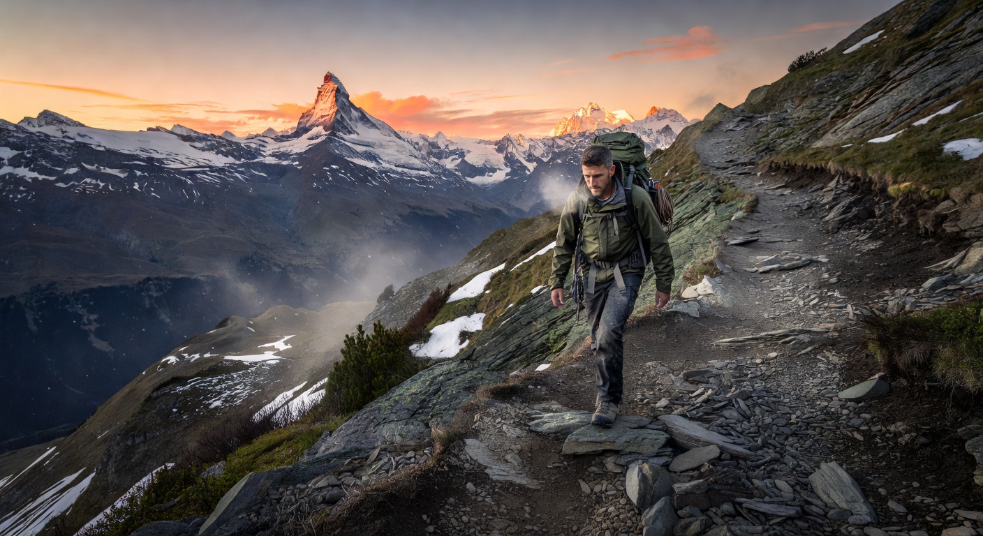 Mountain hiking at sunrise