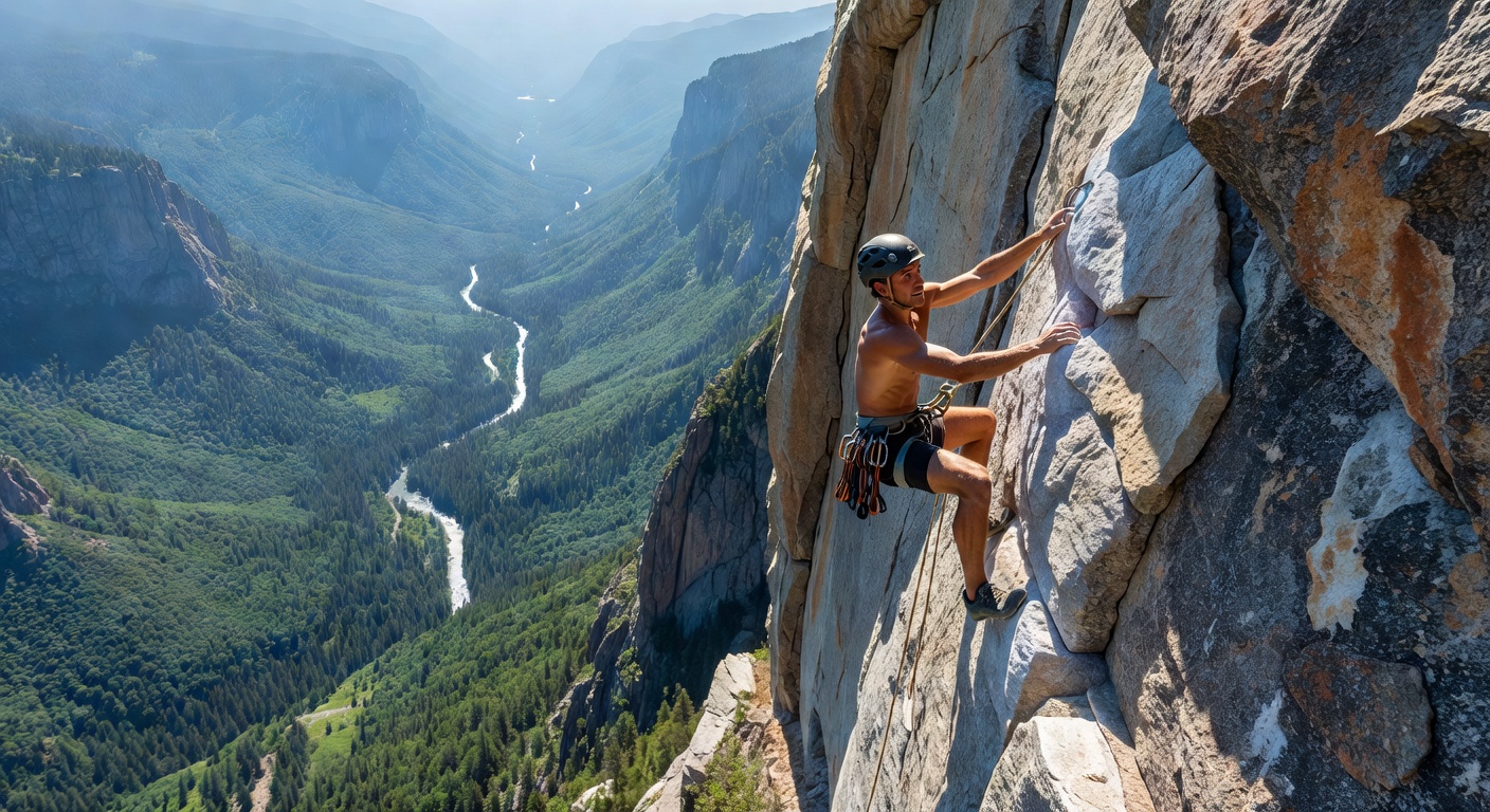 Rock climbing steep cliff face