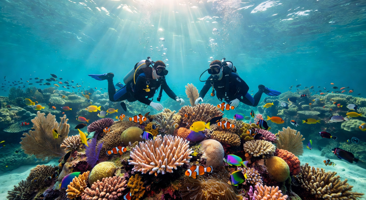 Scuba diving among colorful coral