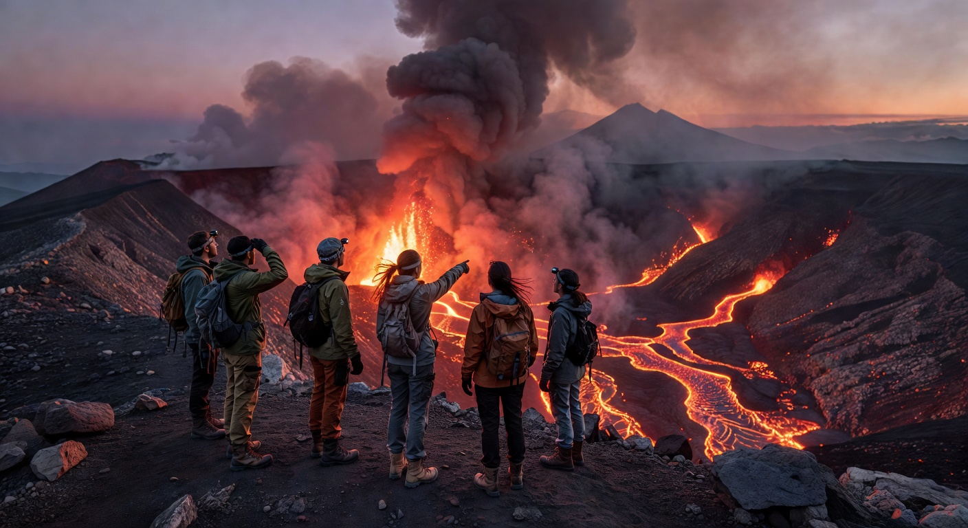 Hiking along volcanic rim at dawn
