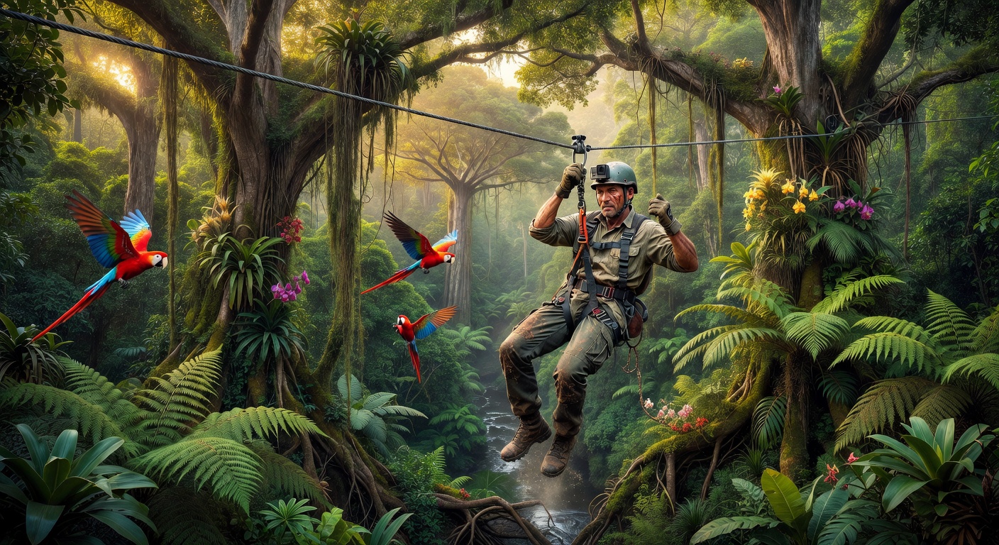 Zip lining in rainforest